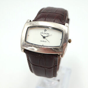 Silpada Design Silver Tone Watch 40mm Rectangle Oval Dial Brown Leather Working